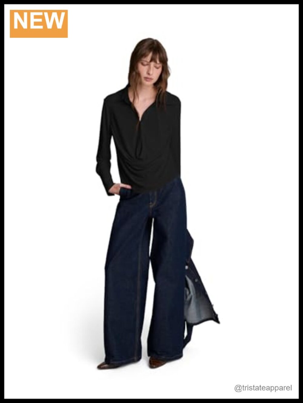 Women's Long Sleeve Drape Front Blouse - 94% Polyester 6% Elastane, Collared - Picture 2 of 2